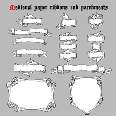 Ribbons and parchments in medieval engraving style.  - 95875283