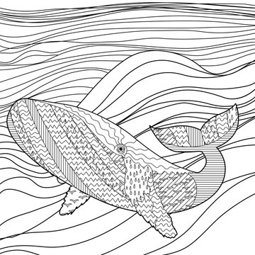 Whale in the waves for anti stress coloring page.
