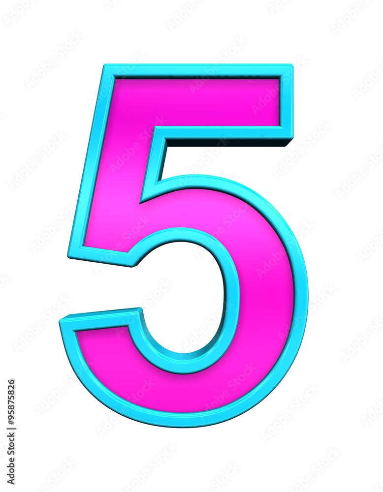 Fototapete one digit from pink glass with blue frame alphabet set, isolated on white. computer generated 3d pho