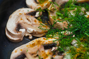 Roasted mushrooms on pan macro