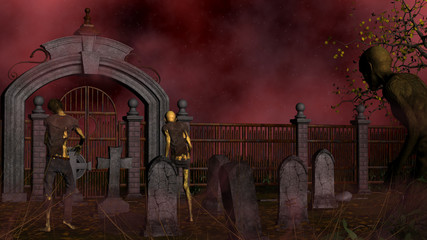 Walking dead in spooky foggy cemetery