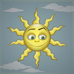 Cute sun face on a sky background