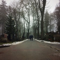couple is walking through the cemetery