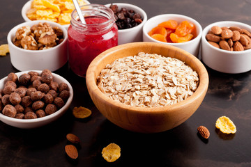 oat flakes and various delicious ingredients for breakfast, hori