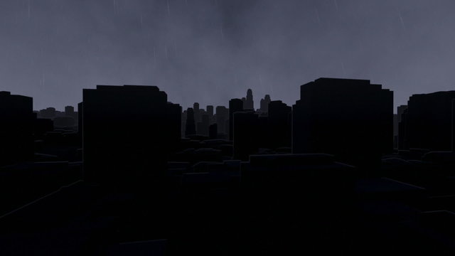 City skyline, storm with lightnings, fly through
