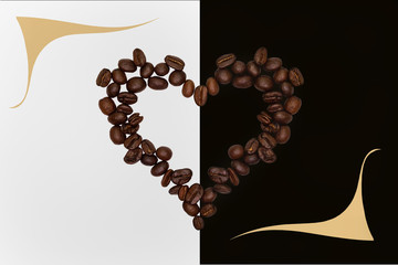 Heart made of coffee beans on a black and white background