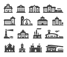 house icons set. collection elements fortress, farm, college, bus station, railway station, airport, fortress, church, factory, bank, mansion, hotel, barn, construction, real estate