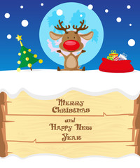 Vector banner Santa's Deer congratulate on Merry Christmas and Happy New year on background blue moon