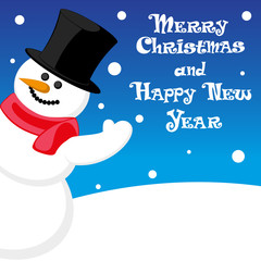 Vector poster Merry Christmas and Happy New Year with Snowman in hat on blue background