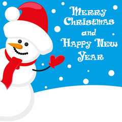 Vector poster Merry Christmas and Happy New Year with Snowman in santa claus hat on blue background