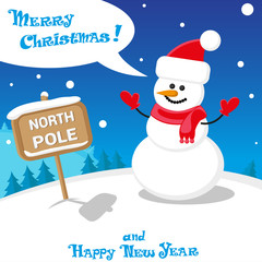 Vector banner funny Snowman in Santa Claus hat on North Pole and Merry Christmas hand drawn text