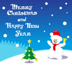 Vector poster Merry Christmas and Happy New Year with Snowman in santa claus hat on blue background