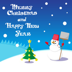 Vector poster Merry Christmas and Happy New Year with Snowman in santa claus hat on blue background