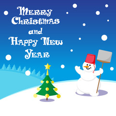 Vector poster Merry Christmas and Happy New Year with Snowman in santa claus hat on blue background