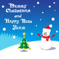 Vector poster Merry Christmas and Happy New Year with Snowman in santa claus hat on blue background