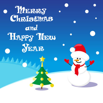 Vector poster Merry Christmas and Happy New Year with Snowman in santa claus hat on blue background