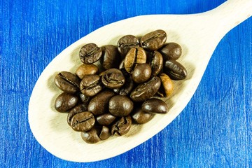 Coffee beans in wooden spoon