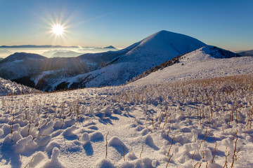 Beautiful winter landscape with frozen grass, sun and a peak.