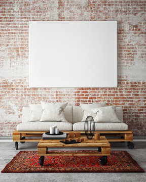 mock up blank poster on the wall of livingroom, 3D illustration background