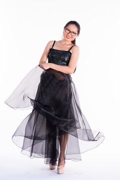 Fashion model black dress catalog shoot