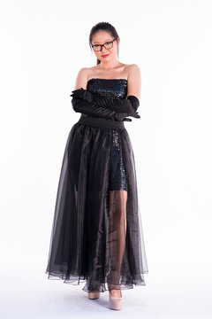 Fashion model black dress catalog shoot