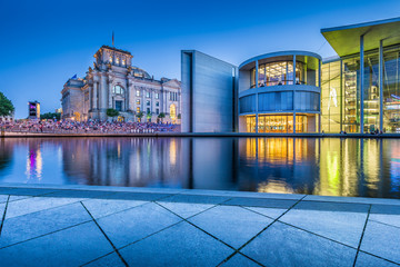 Berlin government district with Reichstag and Paul Löbe Haus at dusk, Germany