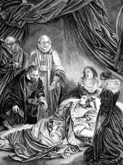 An engraved vintage illustration image of the death of Elizabeth I, queen of England, UK, from a Victorian book dated 1868 that is no longer in copyright