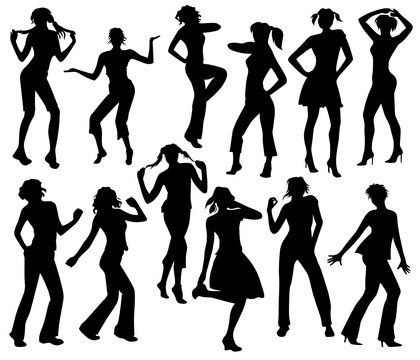 Twelve silhouettes of dancing girls