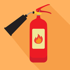 image of a red fire extinguisher on an orange background. to draw an icon fire extinguisher. flat design
