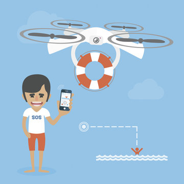 Life guard is flying a drone with the lifebuoy. Help concept
