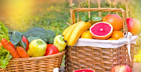 Fruits and vegetables in wicker baskets