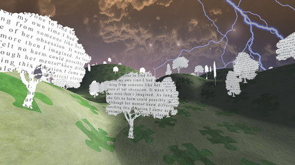 Paper trees with text in mystical landscape  from My own writing