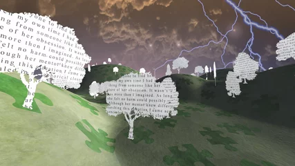 Foto auf Glas Paper trees with text in mystical landscape  from My own writing © rolffimages