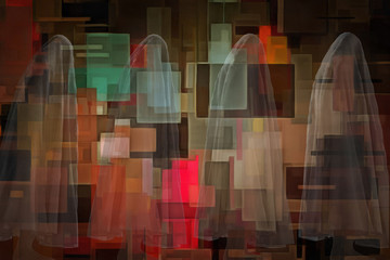 Ghostly figures and geometric art

This image is entirely my own creation, from my own images and is legal for me to sell and distribute