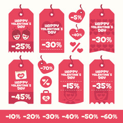 Set of Valentines Day labels flat design elements. Discounts, sales and offers