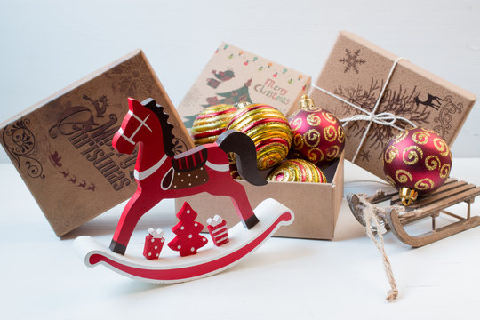 Christmas gift boxes and different christmas decors. Winter time.