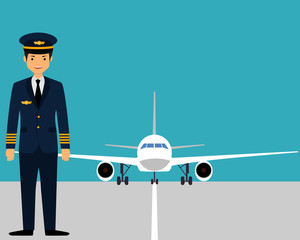 The pilot on the runway near the plane. Vector illustration
