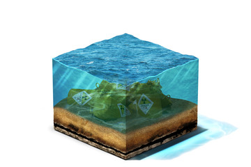 3d illustration of radioactive waste pollution on section of ocean bottom, isolated on white background