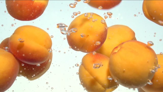 Apricot. Fresh and ripe organic apricots falling in water. Slow motion 240 fps. 