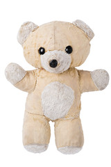 Old teddy bear isolated on white