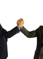 Two Asian businessmen shake hands.