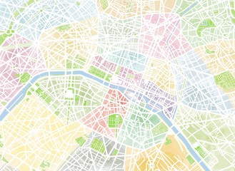 Naklejka premium Cartina Parigi, disegnata a mano, pennellate, strade e vie, Francia