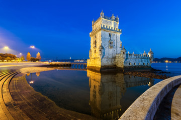 The Belem Tower in the city of Lisbon, Portugal, at night.
