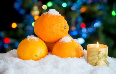 Fototapeta na wymiar Three oranges in the snow with Christmas decor