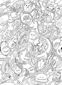 Seamless pattern of monsters.Abstract, cartoon design. world doodles and monsters. Black and white illustration. Outline illustration