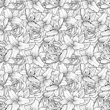 Beautiful seamless background with black and white lily and roses . Hand-drawn contour lines and strokes.