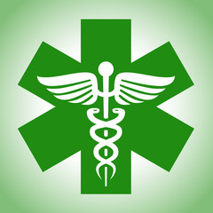 Sign Caduceus in a green six-pointed cross. Vector image.