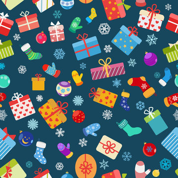 Seamless Pattern Of Colorful Gift Boxes, Socks And Mittens