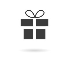 Dark grey icon of present (gift) on white background with shadow