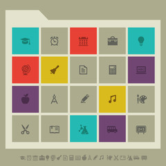 Fototapeta premium Educational icon set. Multicolored square flat buttons